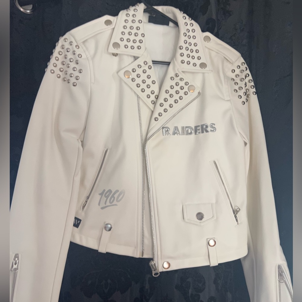 White Studded Leather Biker Jacket - Raiders